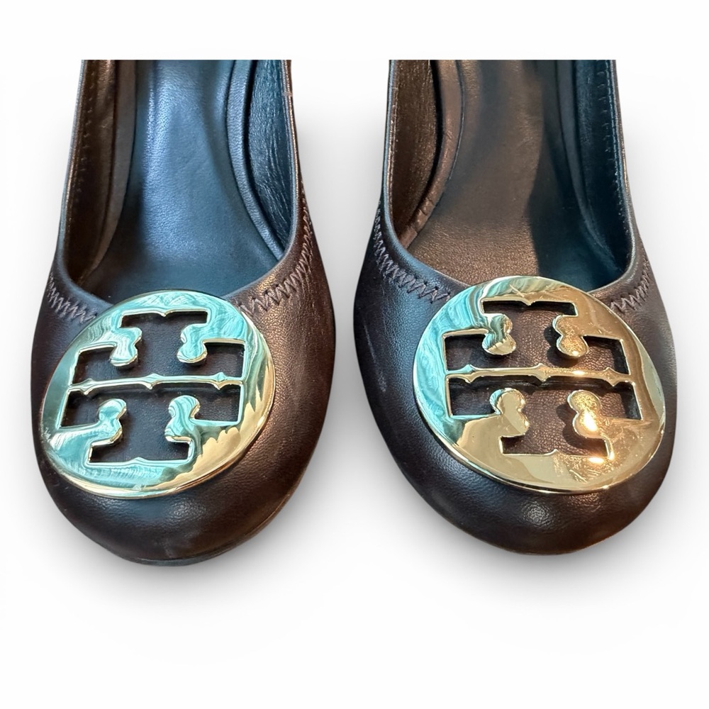 Tory Burch Sally Dark Brown Leather Wedge Heels Size 8.5 - Picture 3 of 7